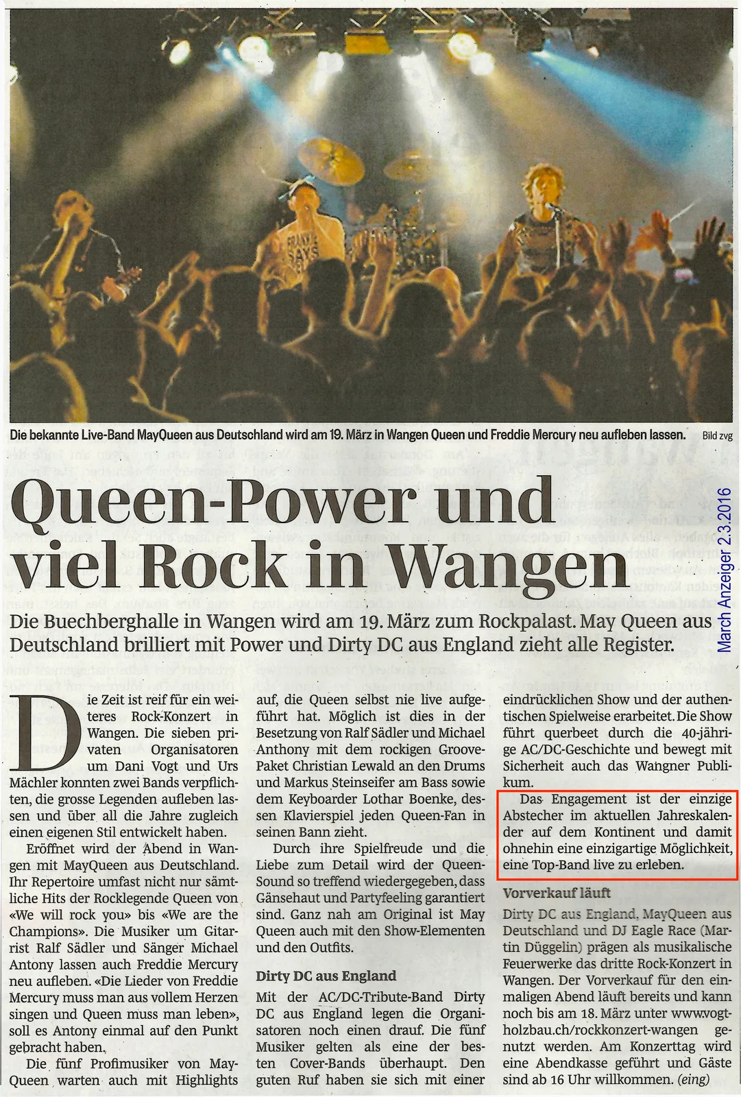Zeitungsartikel March Anzeiger 2.3.2016: Queen-Power und viel Rock in Wangen
